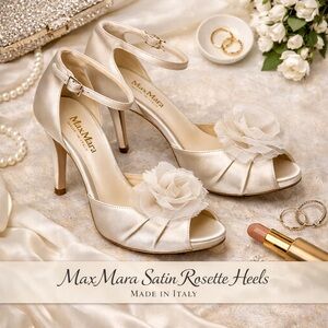 MaxMara Satin Rosette Ankle Strap Heels Champagne Size 39 Made in Italy